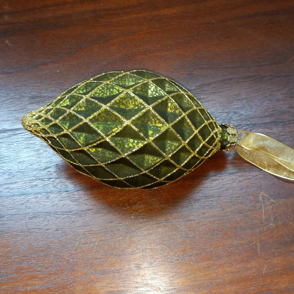 Teardrop Gilded Antique Gold Forest Pine Green Glass Ornament